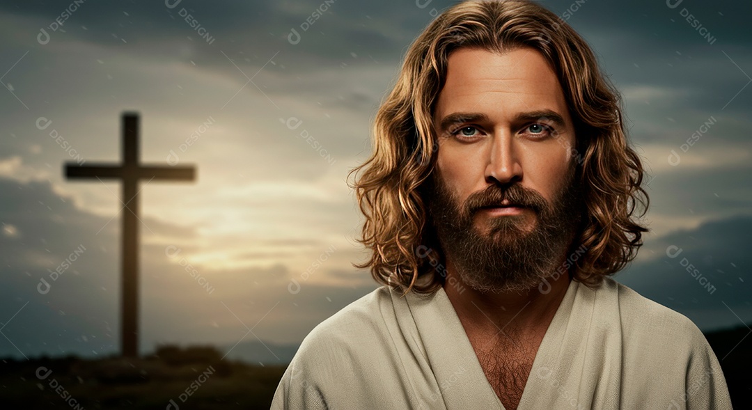Retrato realista de Jesus Cristo sobre fundo uma cruz.