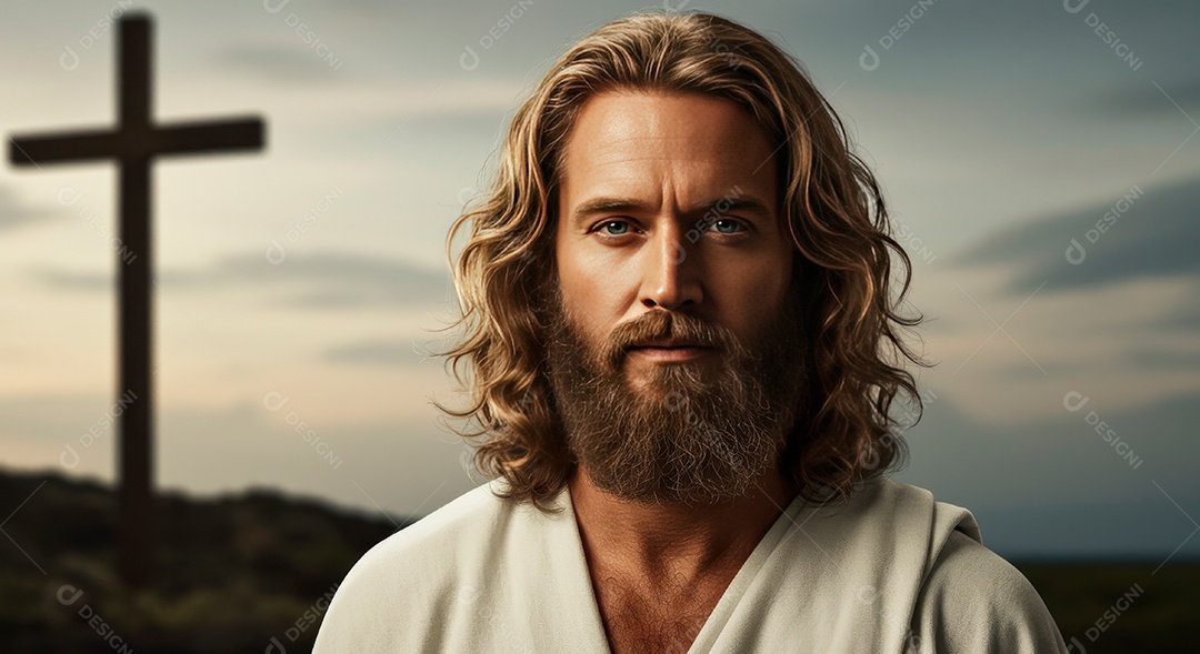 Retrato realista de Jesus Cristo sobre fundo uma cruz.
