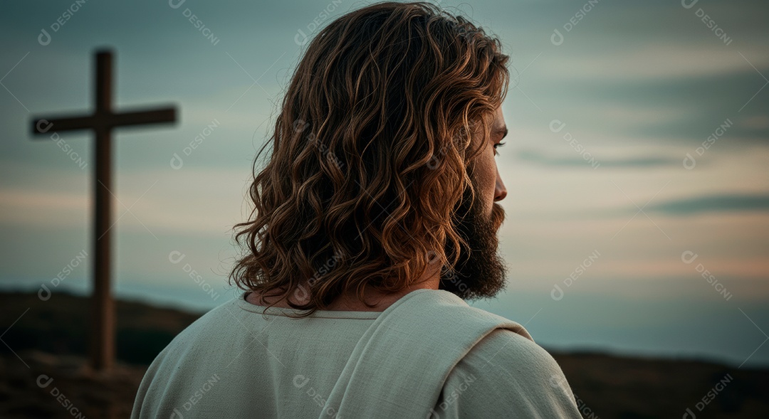 Retrato realista de Jesus Cristo sobre fundo uma cruz.