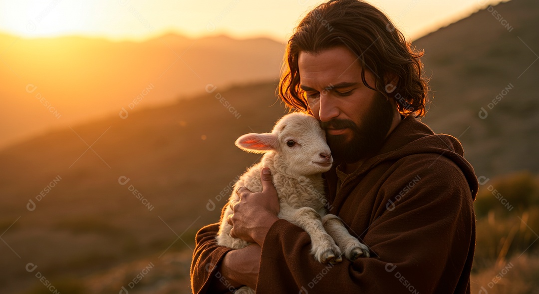 Retrato realista de Jesus Cristo segurando uma ovelha.