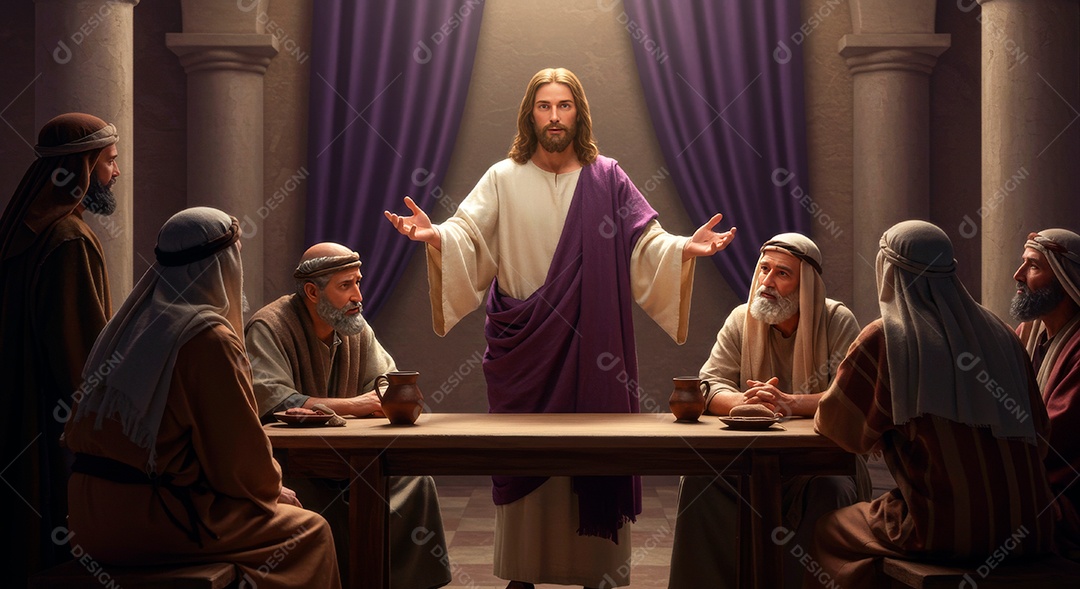 Retrato realista de Jesus Cristo sobre uma mesa com seus discípulos.