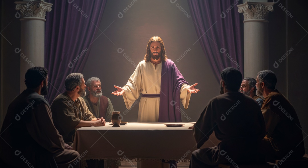 Retrato realista de Jesus Cristo sobre uma mesa com seus discípulos.