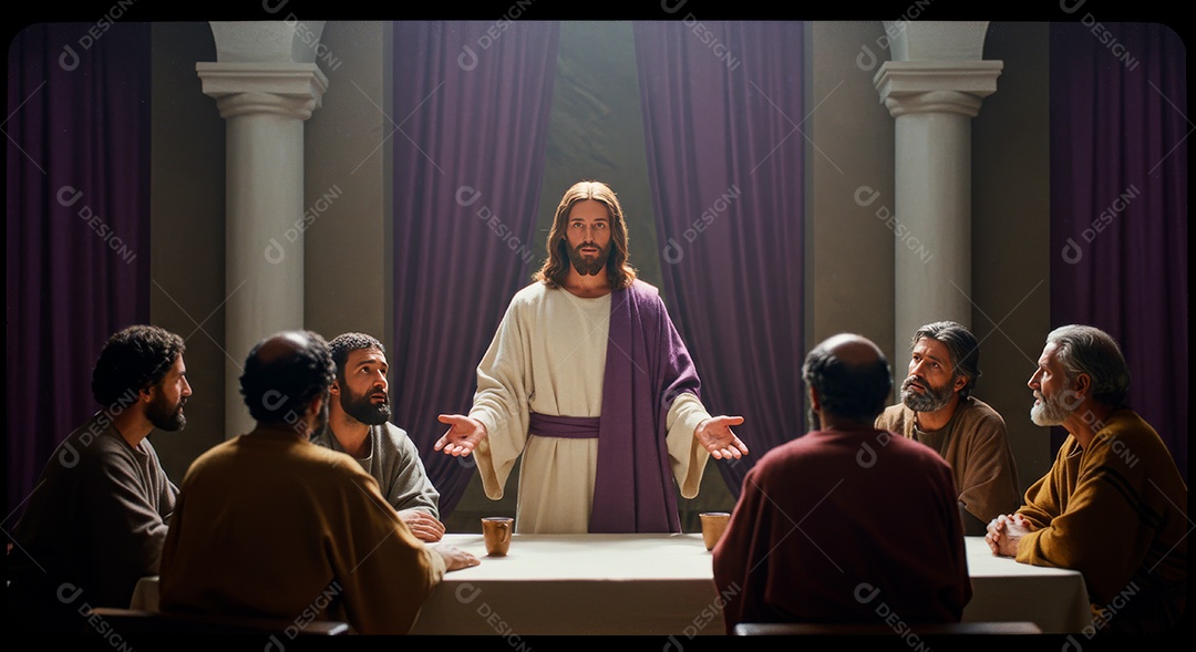 Retrato realista de Jesus Cristo sobre uma mesa com seus discípulos.