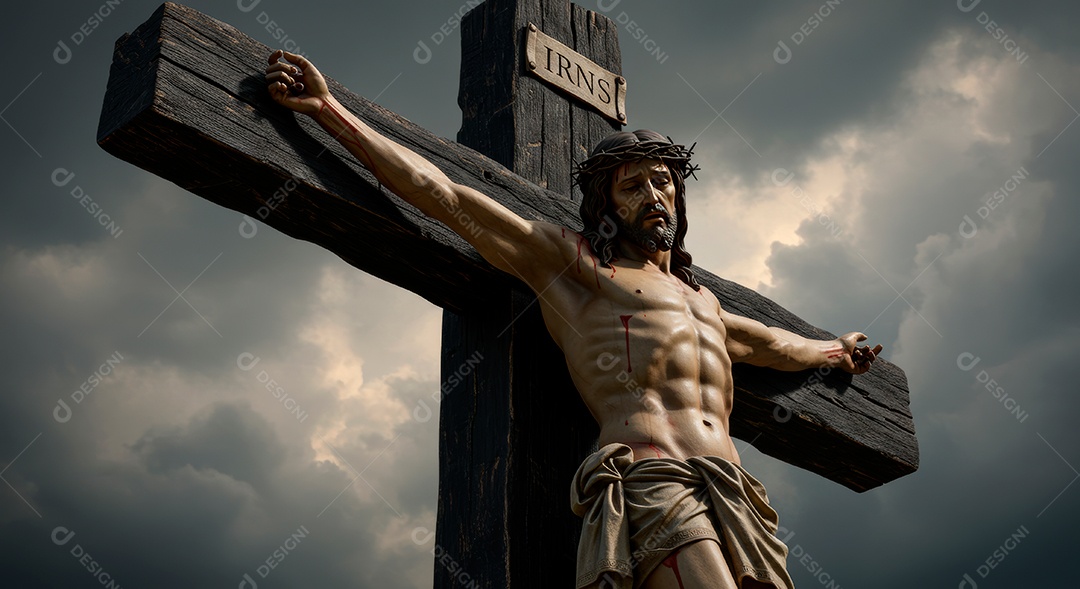 Retrato realista de Jesus Cristo sendo crucificado.