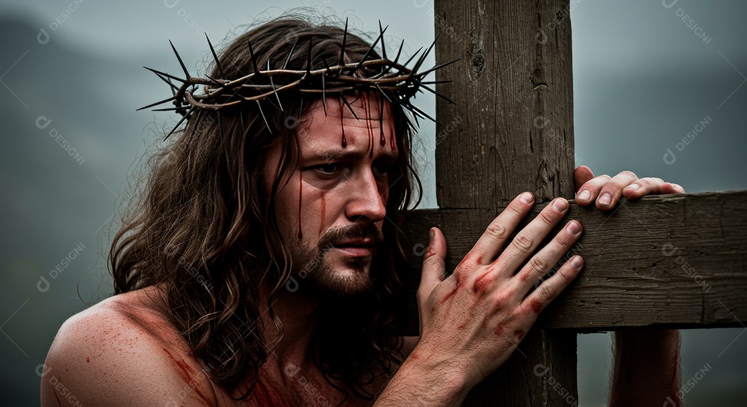 Retrato realista de Jesus Cristo segurando sua cruz.