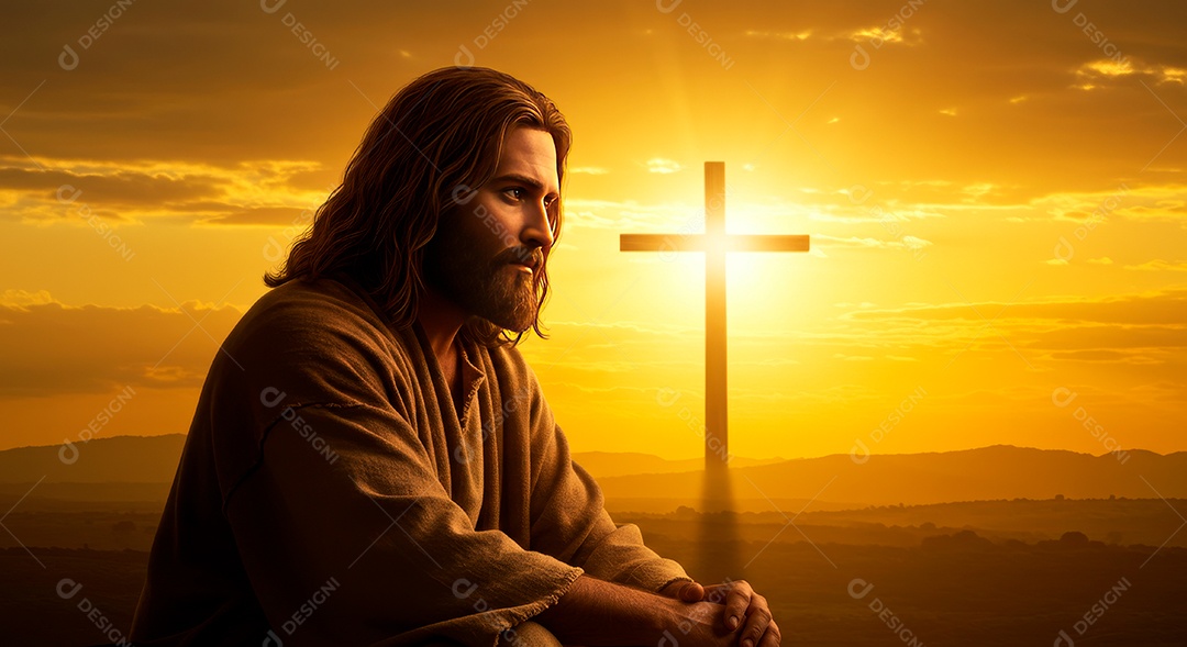 Retrato realista de Jesus Cristo sobre fundo uma cruz.