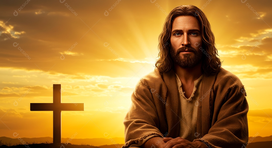 Retrato realista de Jesus Cristo sobre fundo uma cruz.