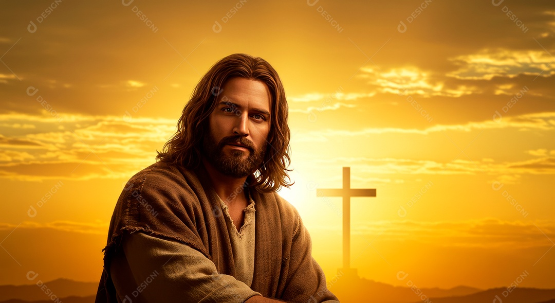 Retrato realista de Jesus Cristo sobre fundo uma cruz.