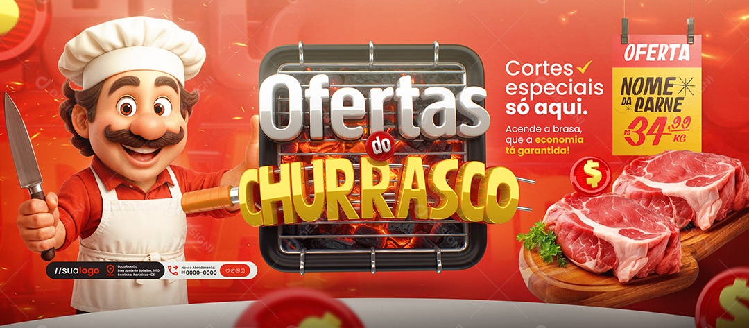 Banner Ofertas do Churrasco Açougue Cortes Especiais Social Media PSD Editável