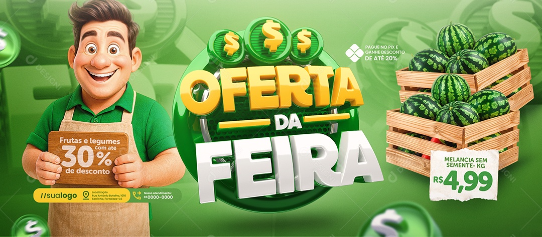 Banner Oferta da Feira Supermercado Melancia Hortifruti Social Media PSD Editável