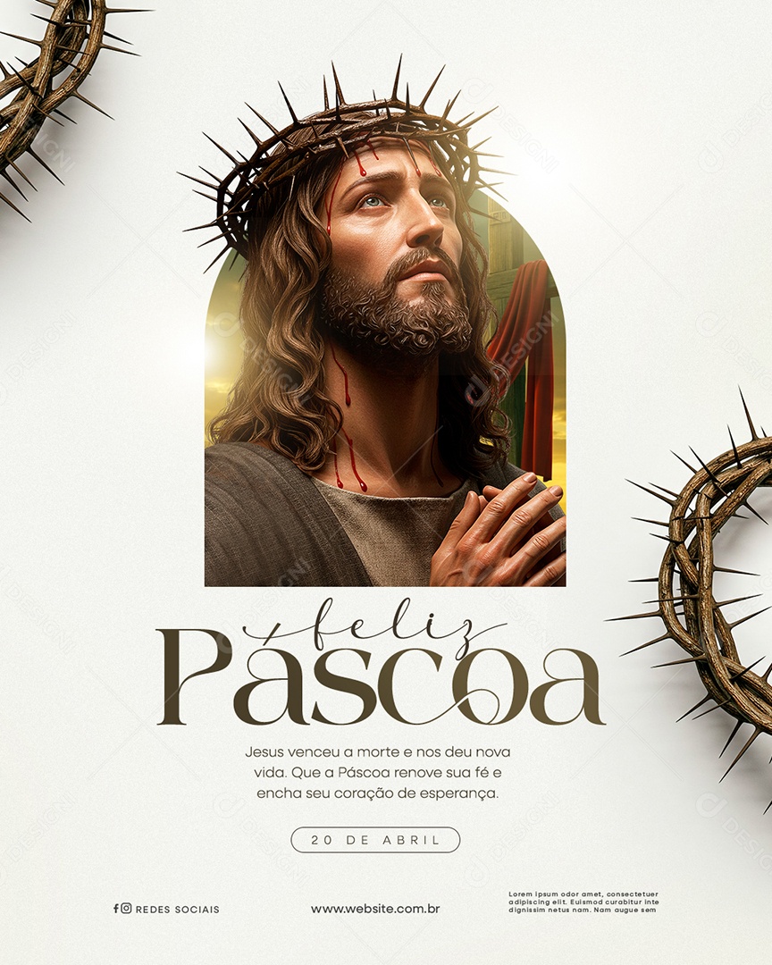 Feliz Páscoa 20 de Abril Jesus Venceu a Morte e Nos Deu Nova Vida Social Media PSD Editável