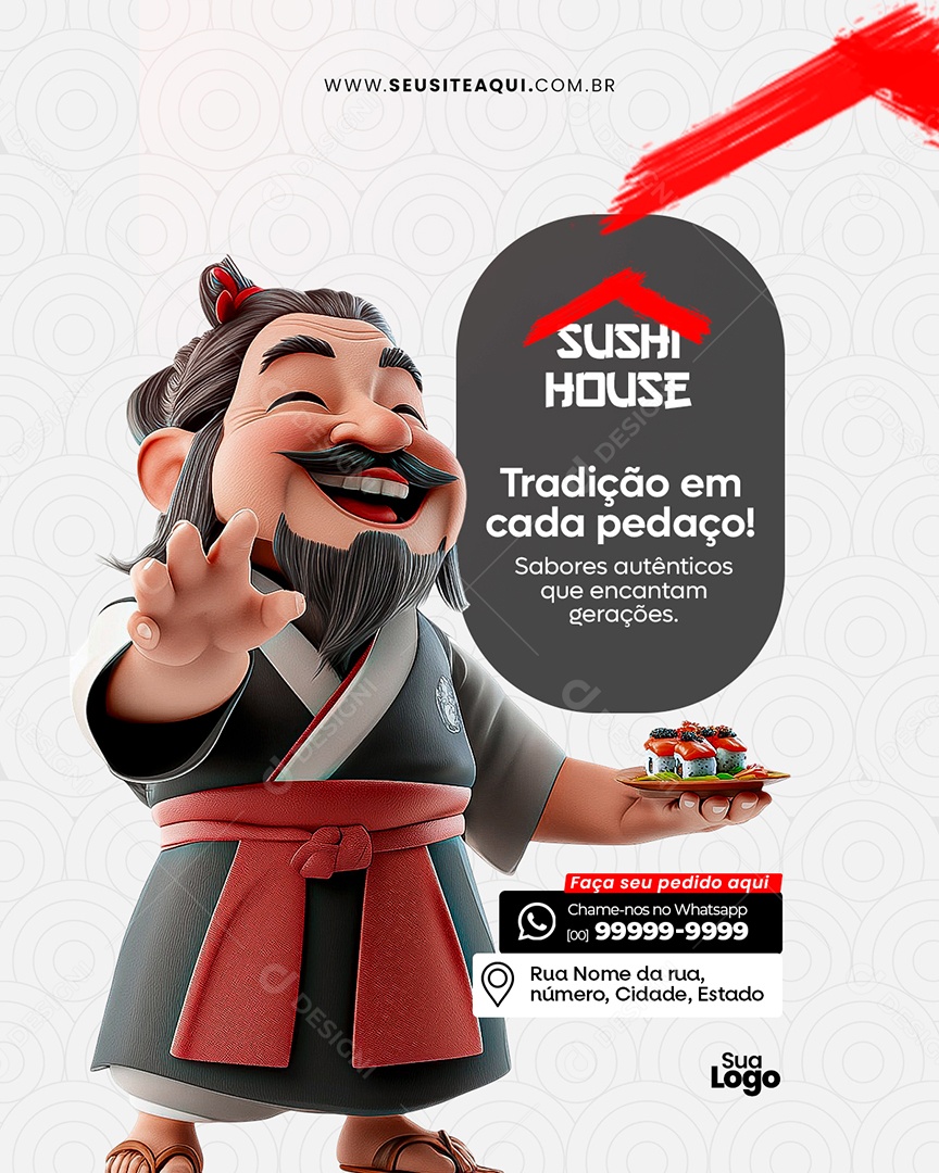 Flyer Restaurante Comida Japonesa Tradição em Cada Pedaço Social Media PSD Editável