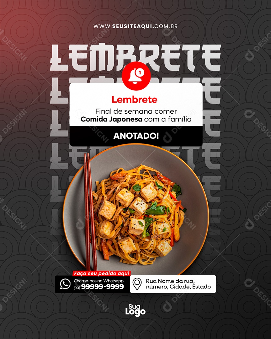 Flyer Restaurante Comida Japonesa Lembrete Social Media PSD Editável