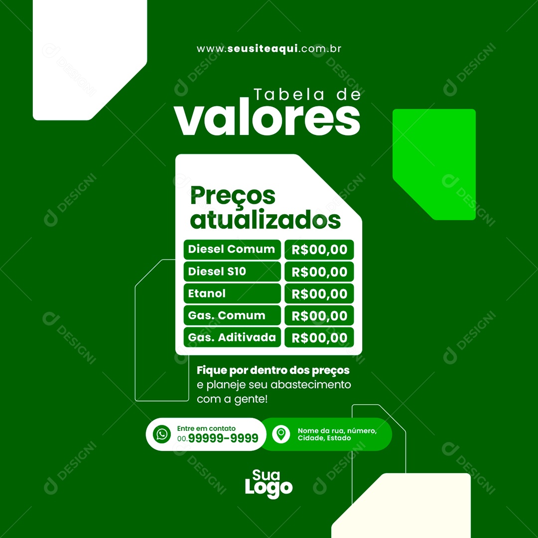 Feed Posto de Combustível Tabela de Valores Social Media PSD Editável