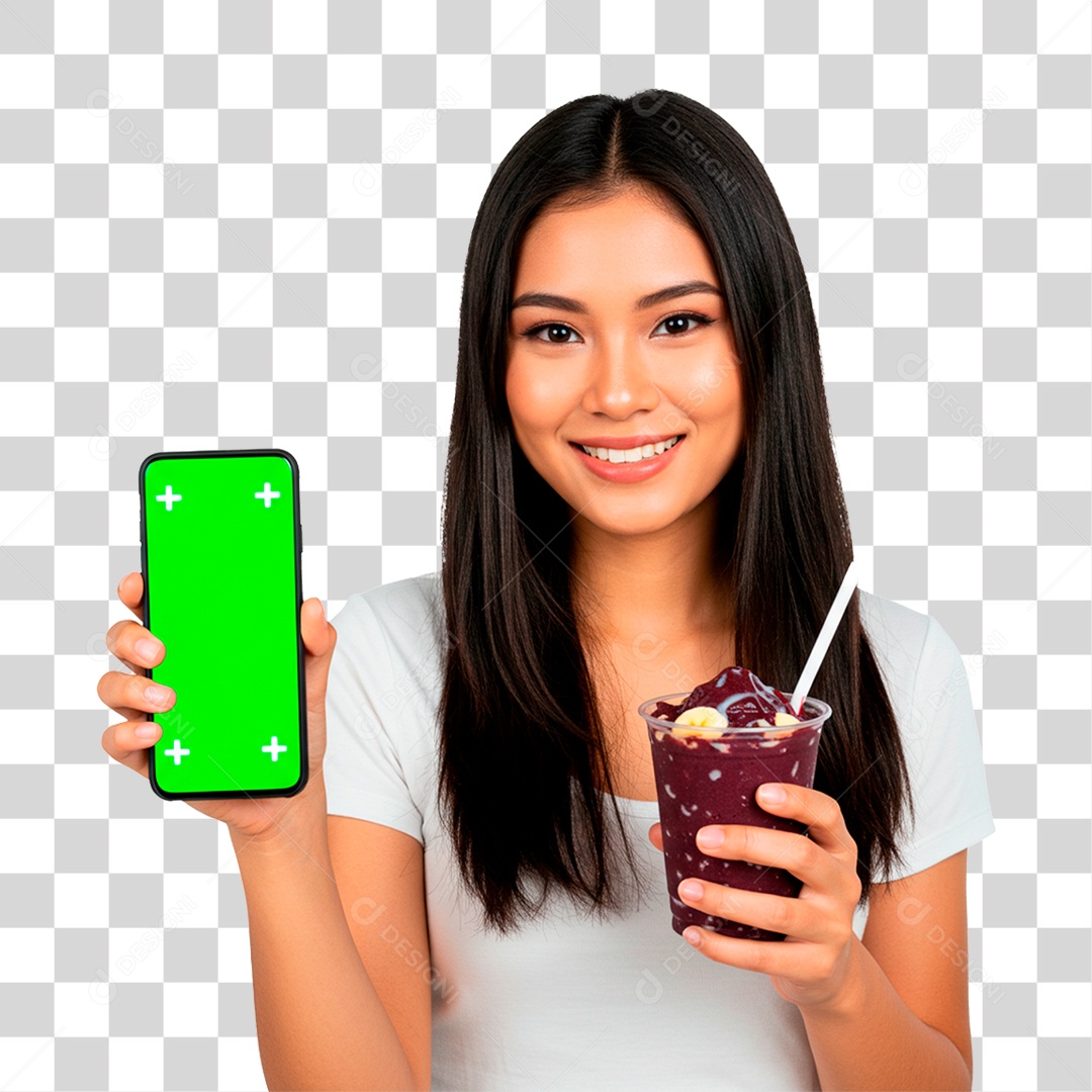 Woman with Ice Cream Cup Holding Transparent PNG Cell Phone
