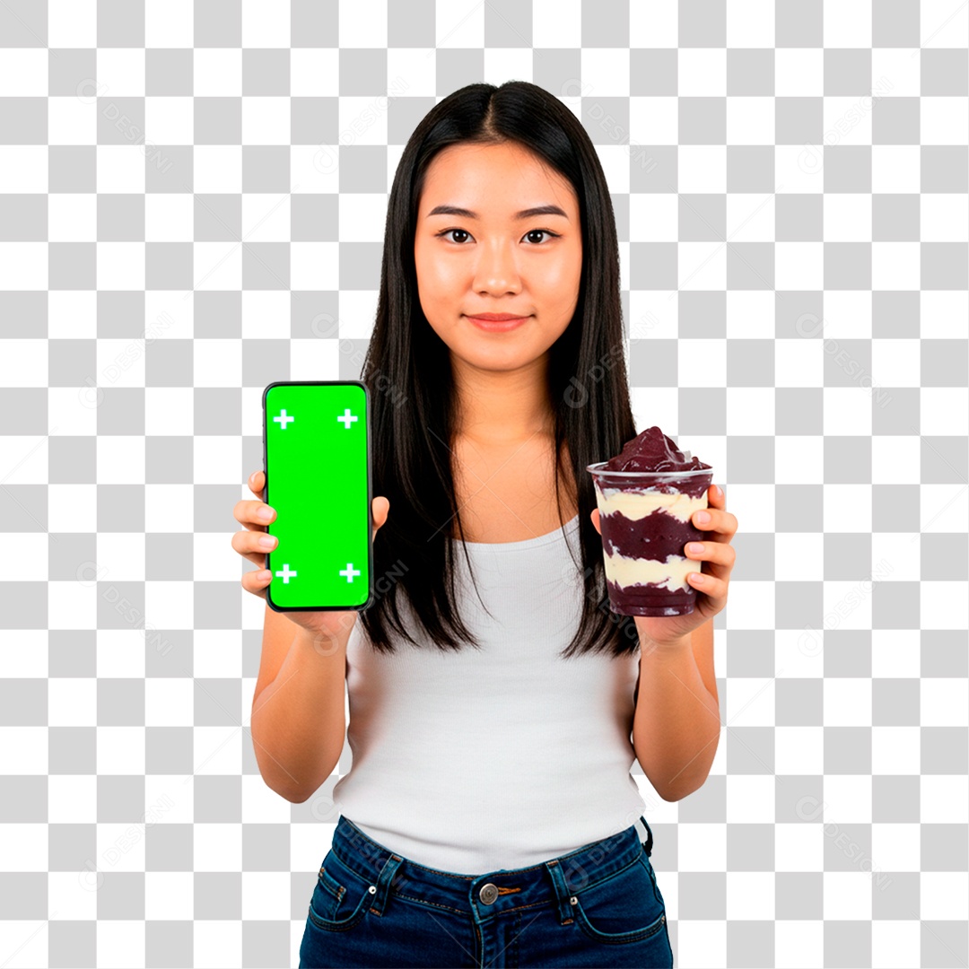 Mulher com Copo de Sorvete Segurando Celular PNG Transparente