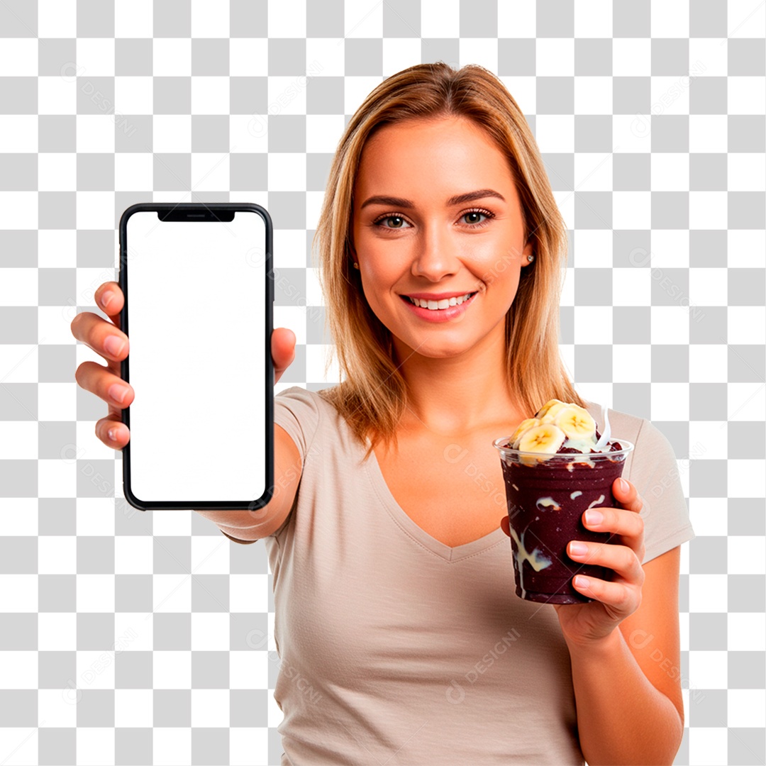 Woman with Ice Cream Cup Holding Transparent PNG Cell Phone
