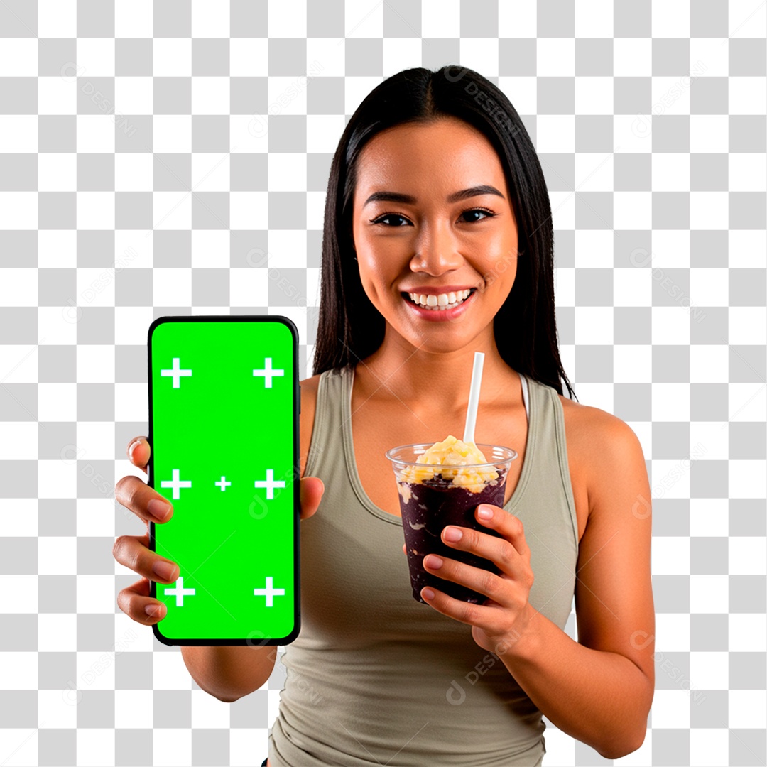 Mulher com Copo de Sorvete Segurando Celular PNG Transparente