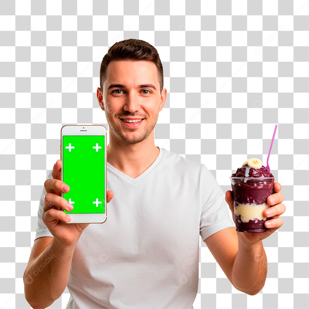 Homem com Copo de Sorvete Segurando Celular PNG Transparente