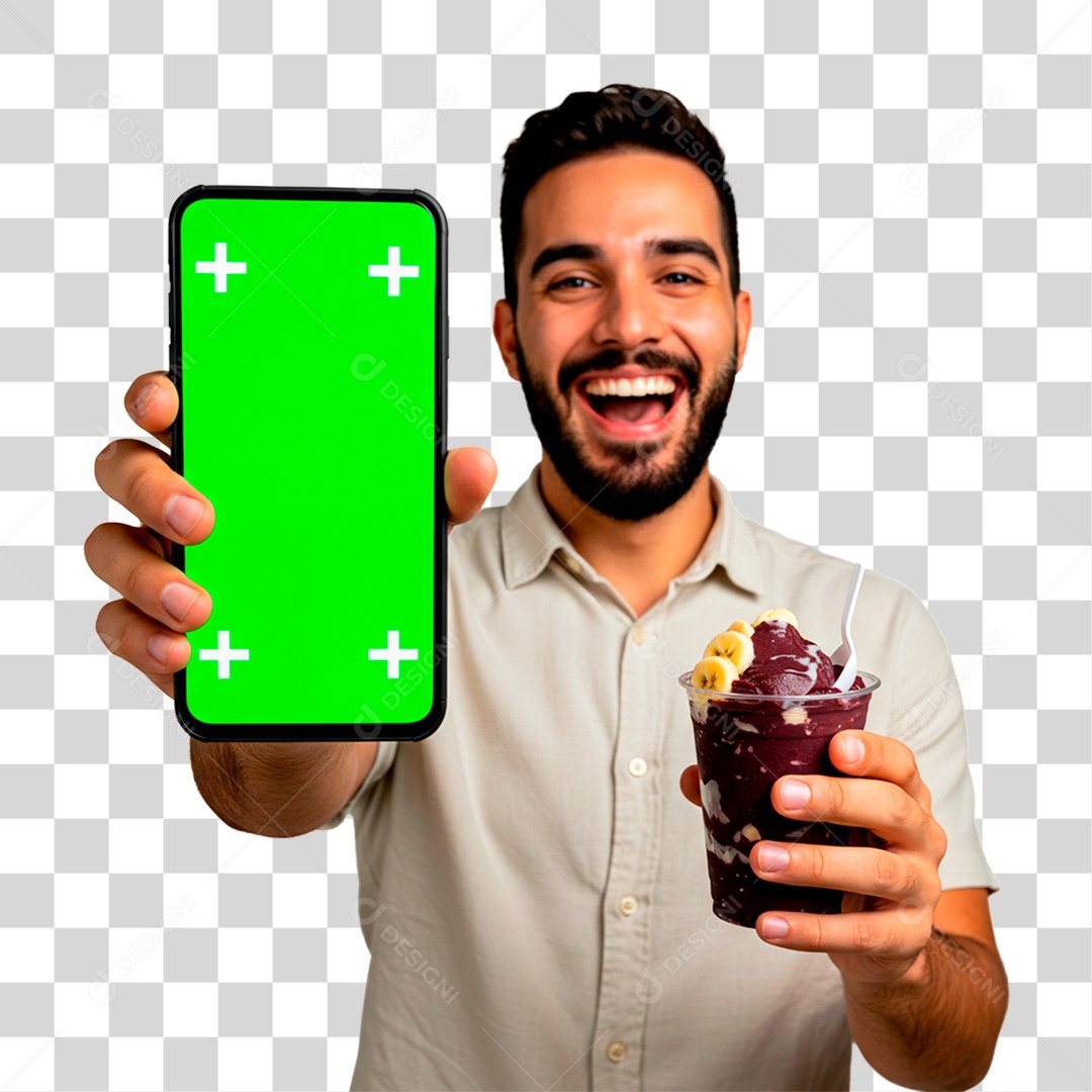 Homem com Copo de Sorvete Segurando Celular PNG Transparente