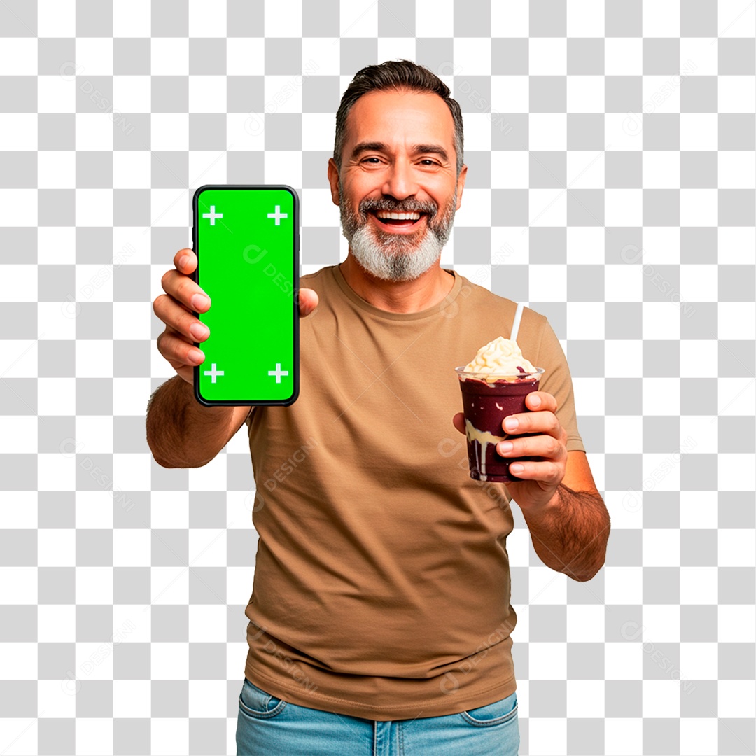 Homem com Copo de Sorvete Segurando Celular PNG Transparente