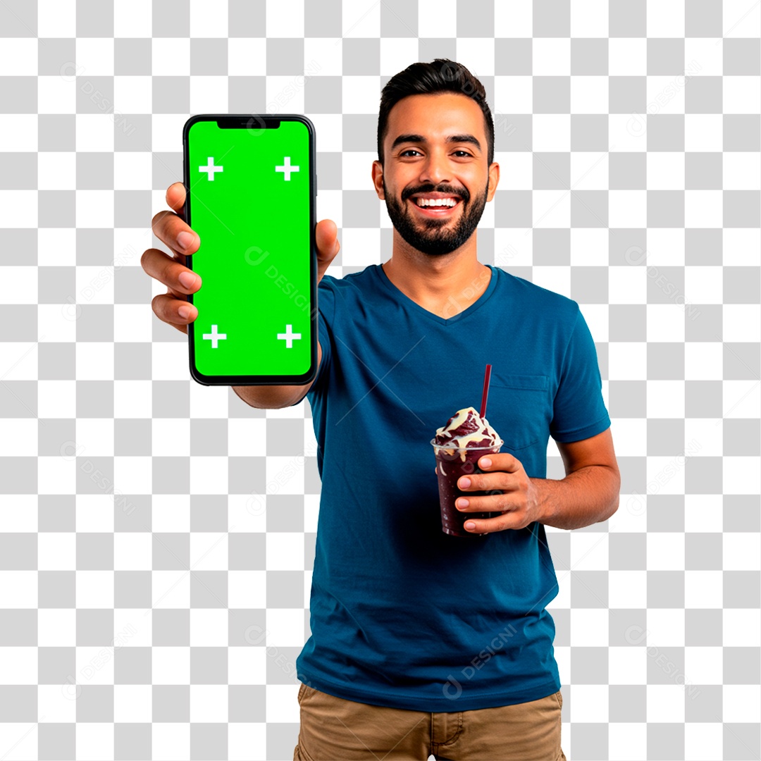 Homem com Copo de Sorvete Segurando Celular PNG Transparente