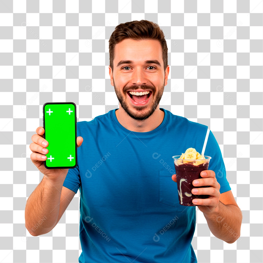 Homem com Copo de Sorvete Segurando Celular PNG Transparente