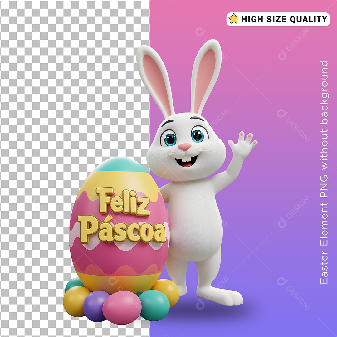 Mascote 3D Coelho Feliz Páscoa para Composição PSD