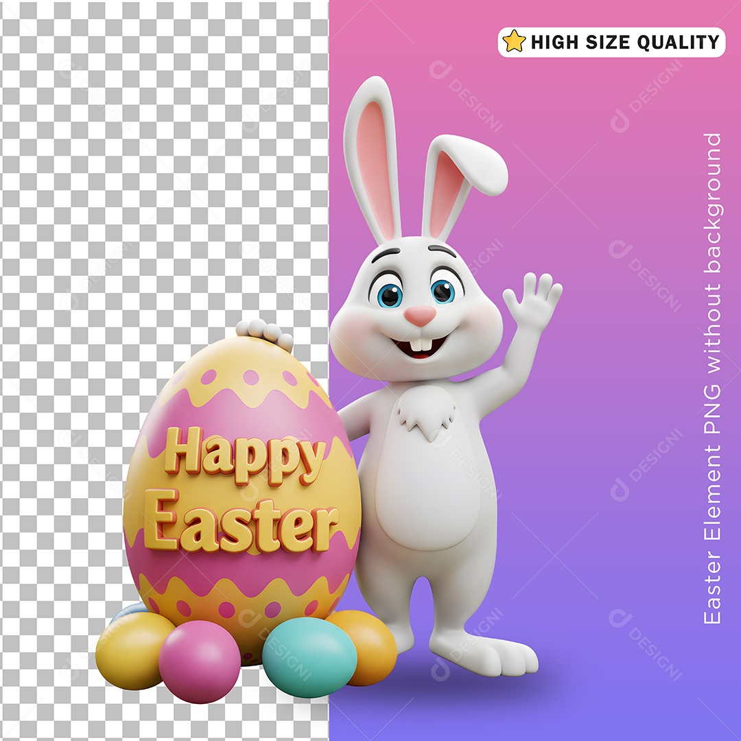 Mascote 3D Coelho Feliz Páscoa para Composição PSD