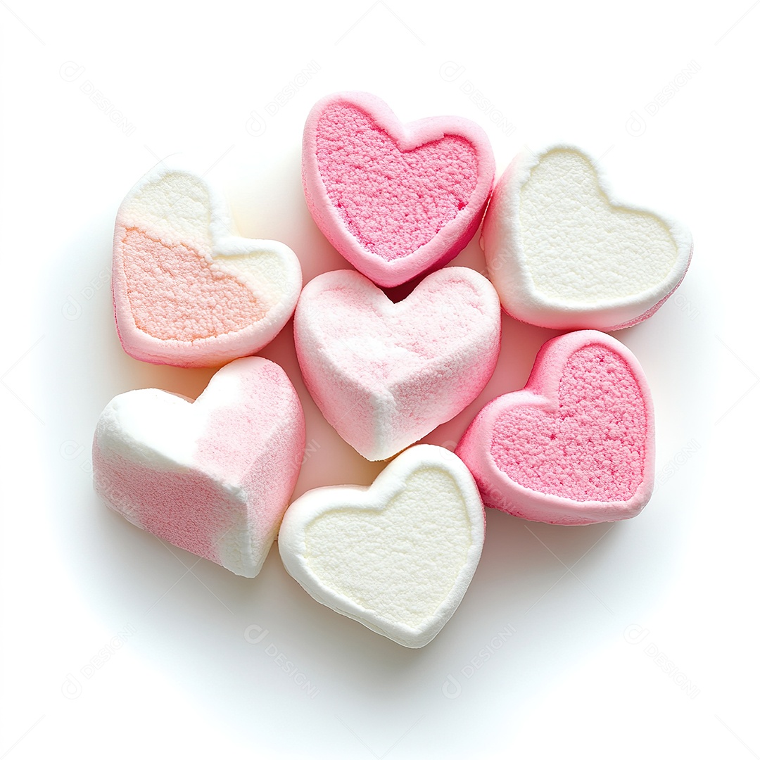 Marshmallows em formato de coração com rosa e branco isolados