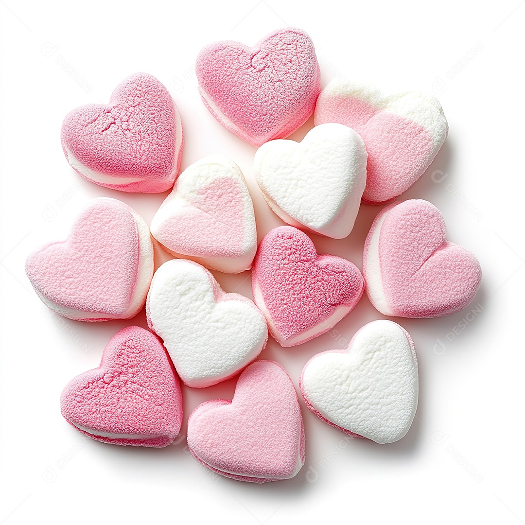 Marshmallows em formato de coração com rosa e branco isolados