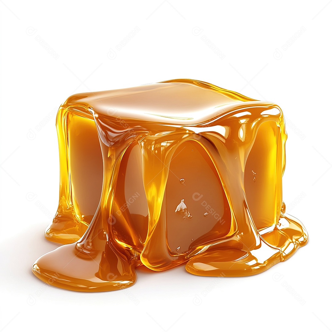 Cubo caramelo derretido isolado em fundo branco
