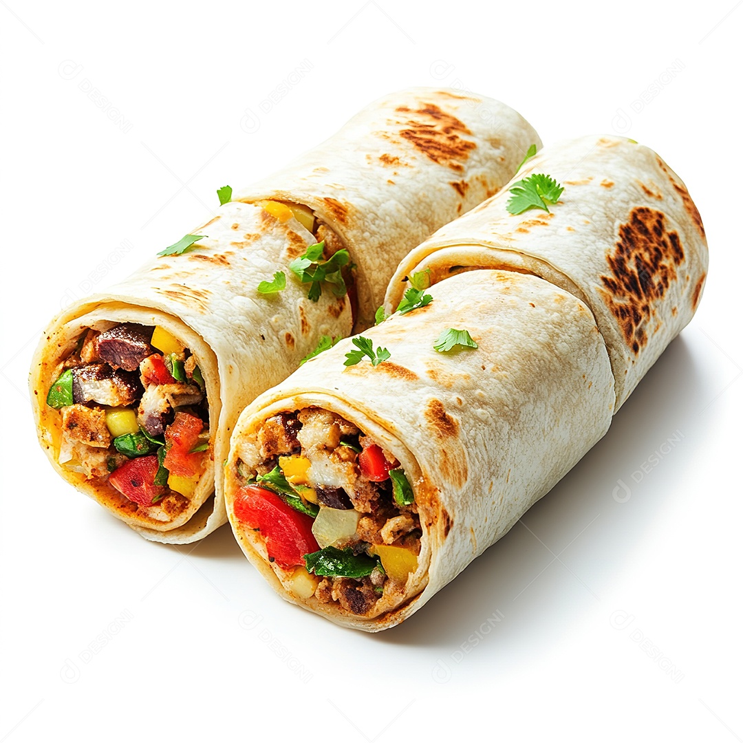 Rolinhos de burrito mexicanos isolados em fundo branco