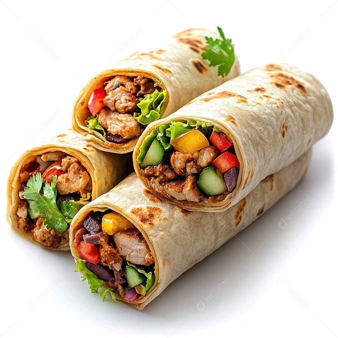 Rolinhos de burrito mexicanos isolados em fundo branco