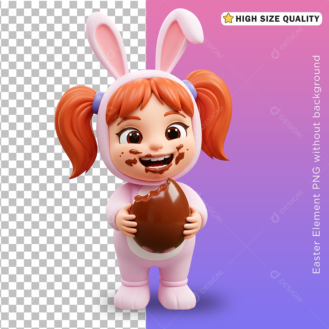 Menina Fantasiada de Coelho da Páscoa Comendo chocolate para Composição PSD