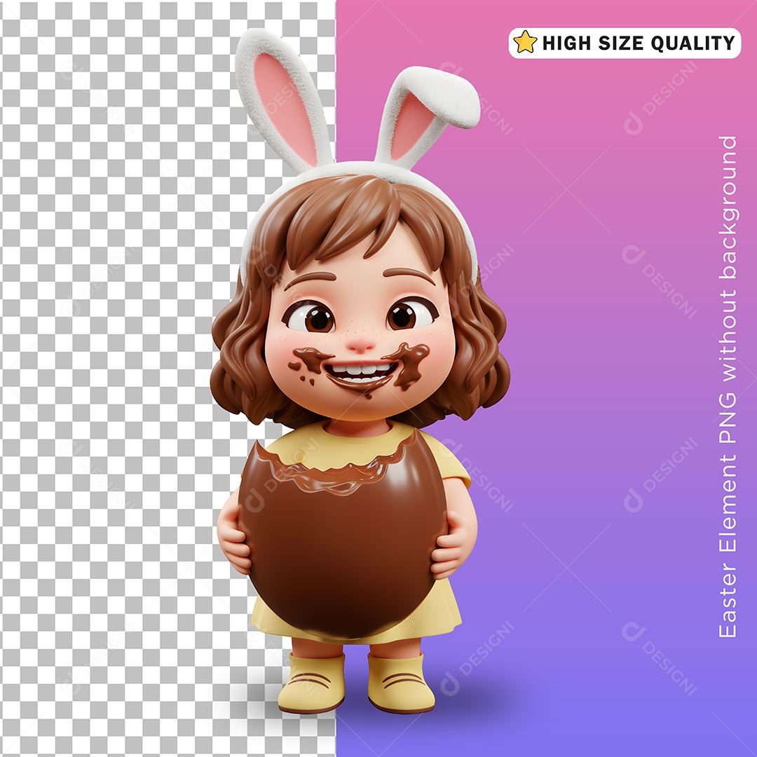 Menina Fantasiada de Coelho da Páscoa Comendo chocolate para Composição PSD