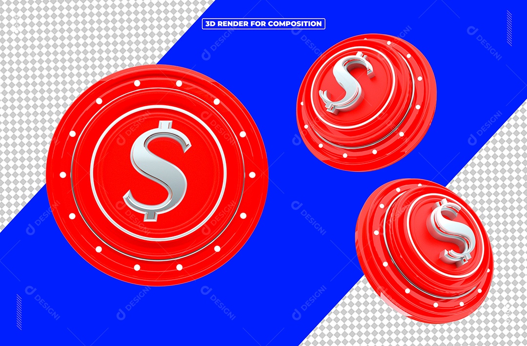 Elemento 3D Moeda Azul e Vermelho Para Composição PSD