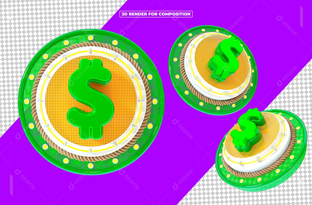Elemento 3D Moeda Verde e Amarelo Para Composição PSD
