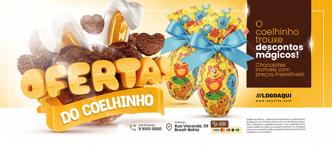 Banner Ofertas do Coelhinho Chocolateria Descontos Mágicos Social Media PSD Editável