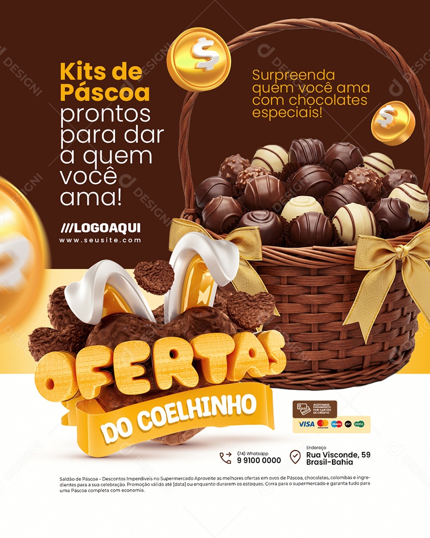Ofertas do Coelhinho Chocolateria Kits de Páscoa Social Media PSD Editável