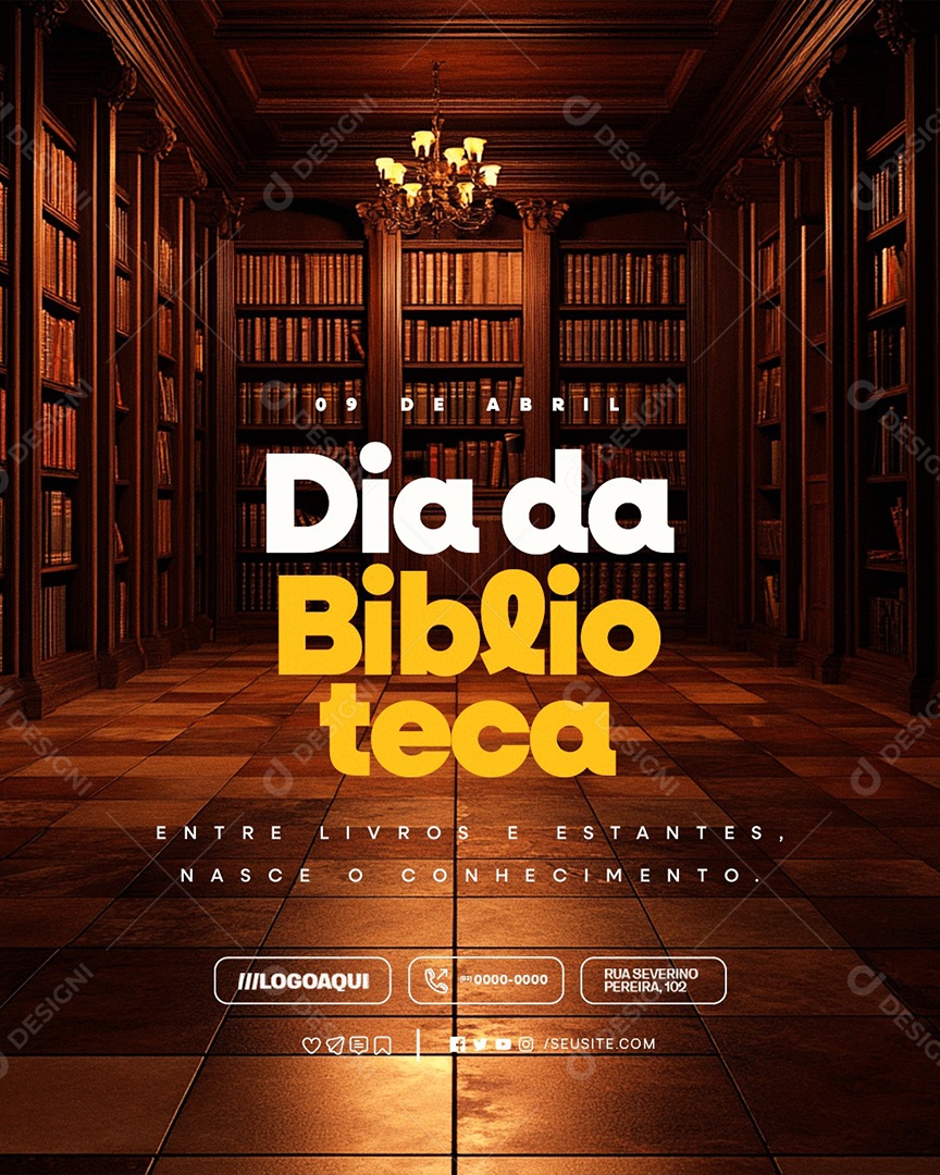 Dia Nacional da Biblioteca 09 de Abril Entre Livros e Estantes Social Media PSD Editável
