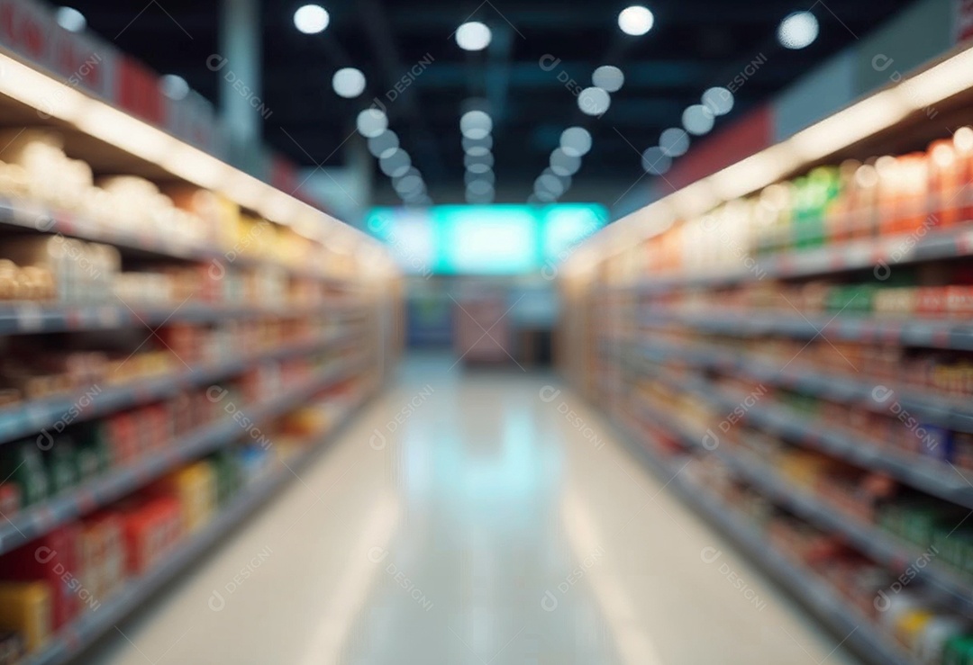 Prateleiras de compras embaçadas em supermercados e lojas departamentos