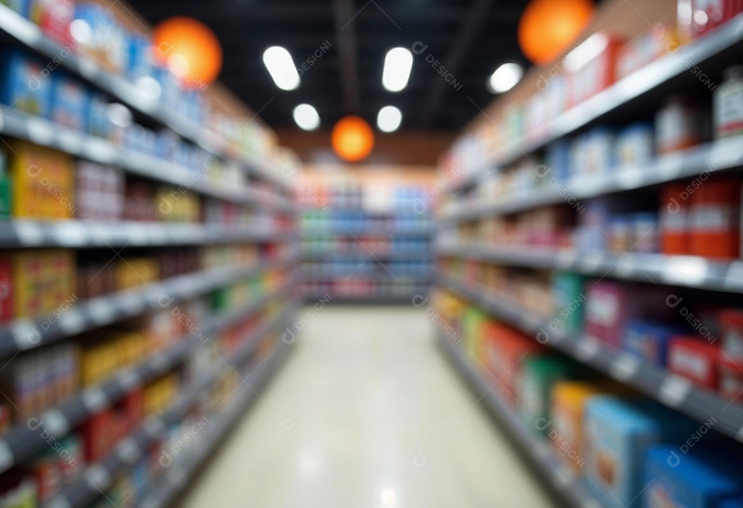Prateleiras de compras embaçadas em supermercados e lojas departamentos