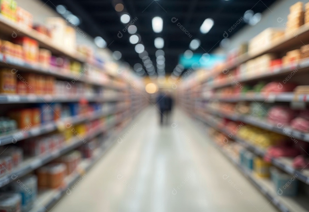 Prateleiras de compras embaçadas em supermercados e lojas departamentos