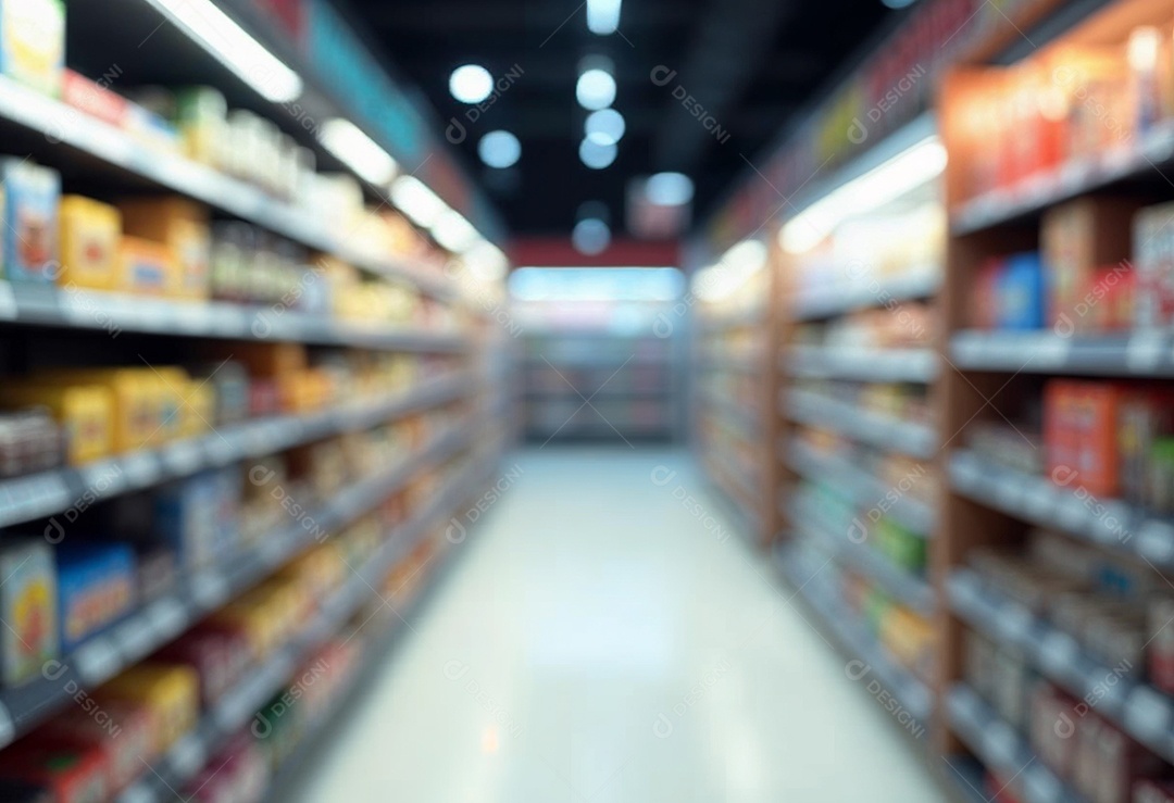 Prateleiras de compras embaçadas em supermercados e lojas departamentos