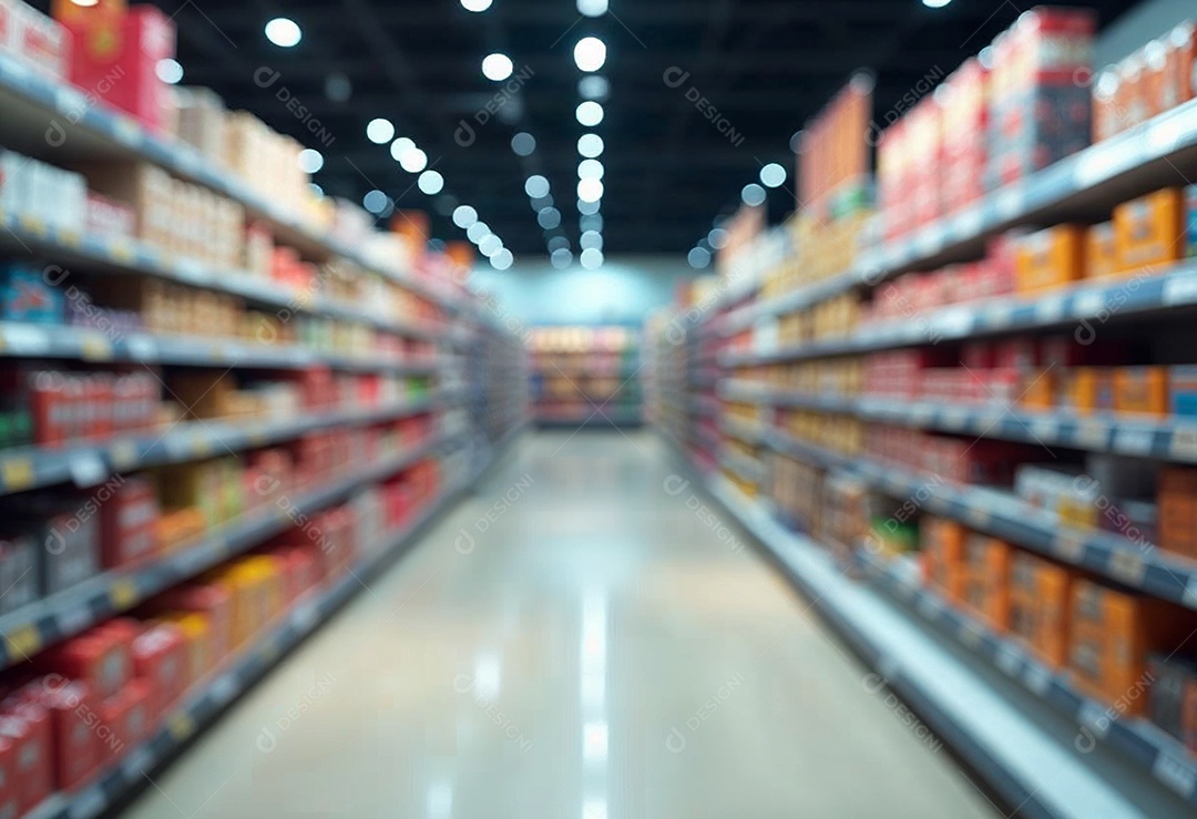Prateleiras de compras embaçadas em supermercados e lojas departamentos