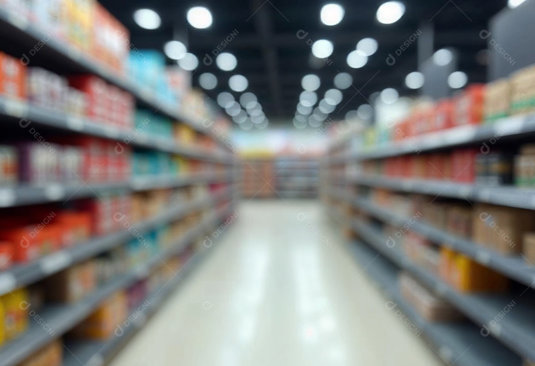 Prateleiras de compras embaçadas em supermercados e lojas departamentos
