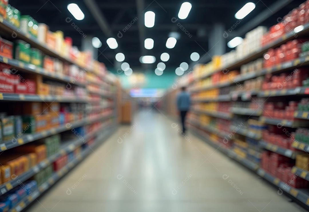 Prateleiras de compras embaçadas em supermercados e lojas departamentos