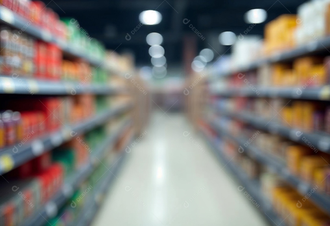 Prateleiras de compras embaçadas em supermercados e lojas departamentos