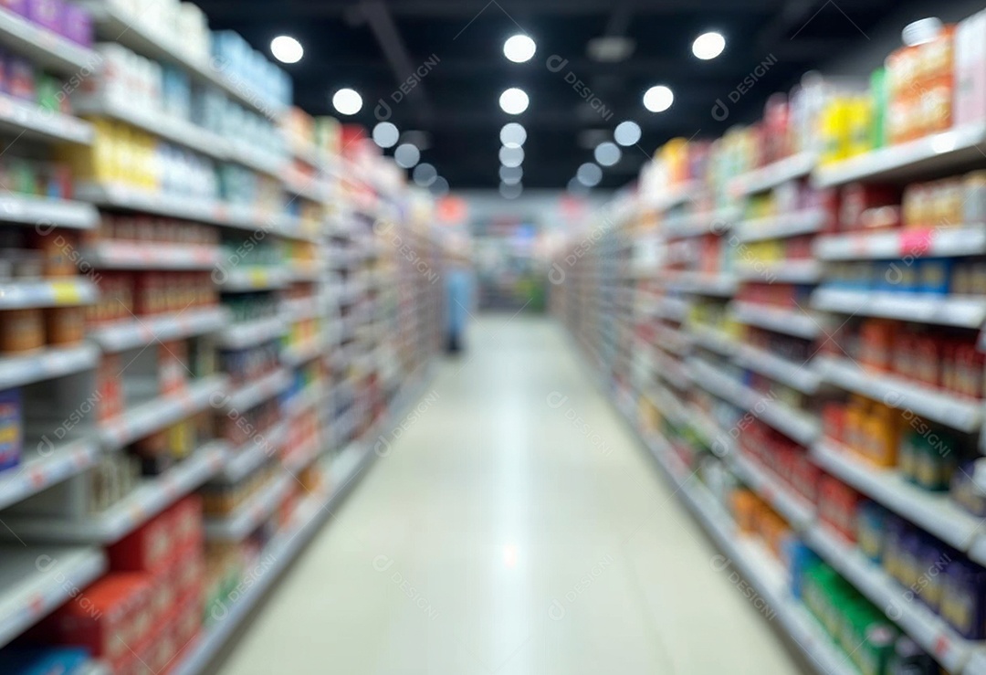 Prateleiras de compras embaçadas em supermercados e lojas departamentos